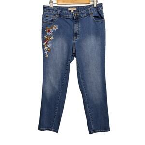 Woman Within Floral Embroidered Taper Leg Jeans Medium Wash Denim Sz 12W Petite